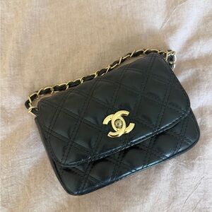 Black Quilted Leather Chain Shoulder Bag with Gold Turn-Lock